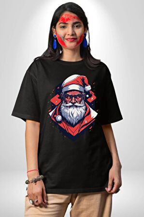 Cool Santa Claus Noel Baba Pamuklu Bisiklet Yaka Kadın Erkek Oversize Boyfriend Dijital Baskılı Siyah T-shirt