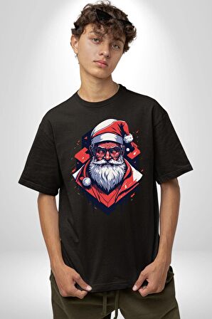 Cool Santa Claus Noel Baba Pamuklu Bisiklet Yaka Kadın Erkek Oversize Boyfriend Dijital Baskılı Siyah T-shirt