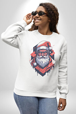 Cool Santa Claus Noel Baba Kadın Erkek  Beyaz Baskılı Sweatshirt 