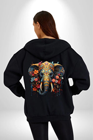 Bereket Fil Hintli Tasarım Kadın Erkek Siyah Renk Kapüşonlu Kanguru Cepli  Fermuarlı Pamuklu Oversize Dijital Baskılı Hırka Sweatshirt