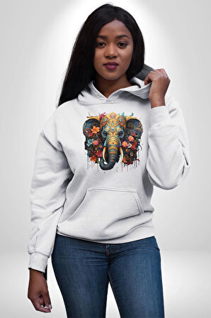 Bereket Fil Hintli Tasarım Kadın Erkek  Beyaz Kapüşonlu Sweatshirt Hoodie