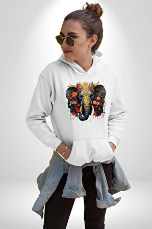 Bereket Fil Hintli Tasarım Kadın Erkek  Beyaz Kapüşonlu Sweatshirt Hoodie