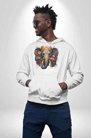 Bereket Fil Hintli Tasarım Kadın Erkek  Beyaz Kapüşonlu Sweatshirt Hoodie