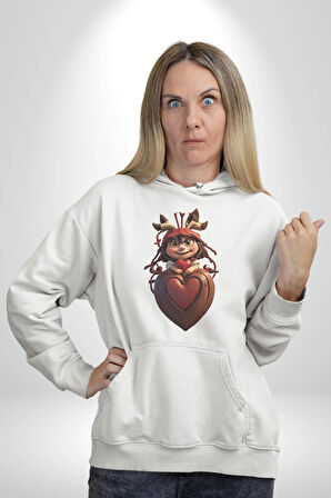 Çikolata Kız Kalbi Kadın Erkek  Beyaz Kapüşonlu Sweatshirt Hoodie