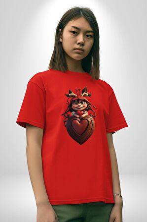Çikolata Kız Kalbi Pamuklu Bisiklet Yaka Kadın Erkek Oversize Boyfriend Dijital Baskılı Kırmızı T-Shirt