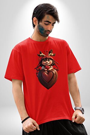 Çikolata Kız Kalbi Pamuklu Bisiklet Yaka Kadın Erkek Oversize Boyfriend Dijital Baskılı Kırmızı T-Shirt