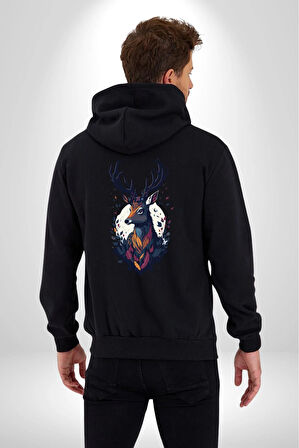 Geyik Kafası Yapraklar Kadın Erkek Siyah Renk Kapüşonlu Kanguru Cepli  Fermuarlı Pamuklu Oversize Dijital Baskılı Hırka Sweatshirt