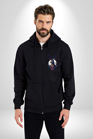 Geyik Kafası Yapraklar Kadın Erkek Siyah Renk Kapüşonlu Kanguru Cepli  Fermuarlı Pamuklu Oversize Dijital Baskılı Hırka Sweatshirt