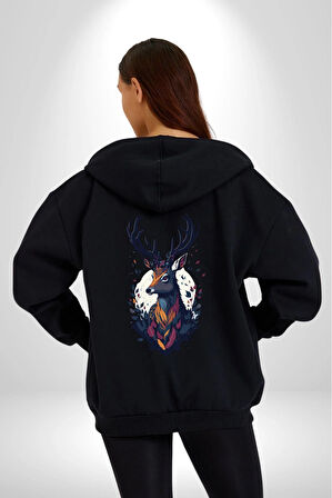 Geyik Kafası Yapraklar Kadın Erkek Siyah Renk Kapüşonlu Kanguru Cepli  Fermuarlı Pamuklu Oversize Dijital Baskılı Hırka Sweatshirt