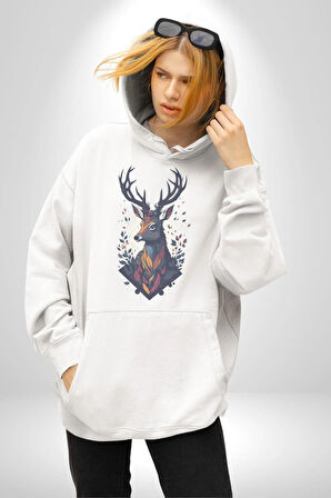 Geyik Kafası Yapraklar Kadın Erkek  Beyaz Kapüşonlu Sweatshirt Hoodie