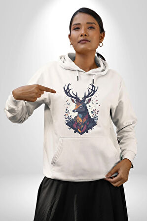 Geyik Kafası Yapraklar Kadın Erkek  Beyaz Kapüşonlu Sweatshirt Hoodie
