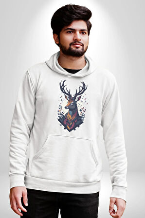 Geyik Kafası Yapraklar Kadın Erkek  Beyaz Kapüşonlu Sweatshirt Hoodie