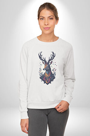 Geyik Kafası Yapraklar Kadın Erkek  Beyaz Baskılı Sweatshirt 