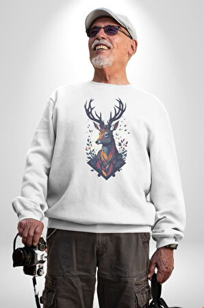 Geyik Kafası Yapraklar Kadın Erkek  Beyaz Baskılı Sweatshirt 