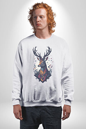 Geyik Kafası Yapraklar Kadın Erkek  Beyaz Baskılı Sweatshirt 