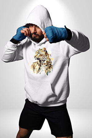 Cool Yakışıklı Ajan Leopar Kadın Erkek  Beyaz Kapüşonlu Sweatshirt Hoodie