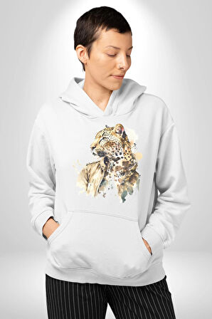 Cool Yakışıklı Ajan Leopar Kadın Erkek  Beyaz Kapüşonlu Sweatshirt Hoodie