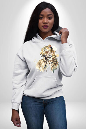 Cool Yakışıklı Ajan Leopar Kadın Erkek  Beyaz Kapüşonlu Sweatshirt Hoodie