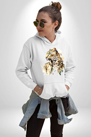 Cool Yakışıklı Ajan Leopar Kadın Erkek  Beyaz Kapüşonlu Sweatshirt Hoodie