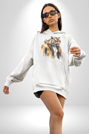 Cool Yakışıklı Kapüşonlu Spor Kaplan Kadın Erkek  Beyaz Kapüşonlu Sweatshirt Hoodie