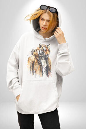 Cool Yakışıklı Kapüşonlu Spor Kaplan Kadın Erkek  Beyaz Kapüşonlu Sweatshirt Hoodie