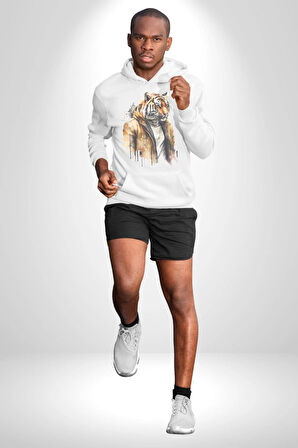 Cool Yakışıklı Kapüşonlu Spor Kaplan Kadın Erkek  Beyaz Kapüşonlu Sweatshirt Hoodie