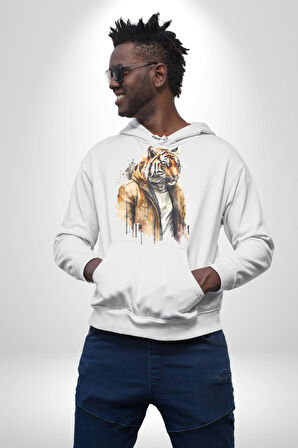 Cool Yakışıklı Kapüşonlu Spor Kaplan Kadın Erkek  Beyaz Kapüşonlu Sweatshirt Hoodie