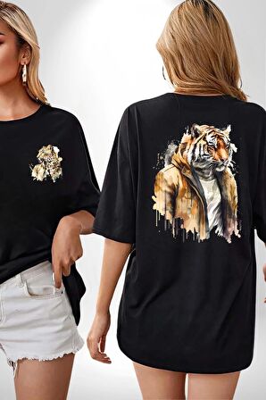 Cool Yakışıklı Kapüşonlu Spor Kaplan Siyah Oversize Kadın Erkek Ön ve Sırt Baskılı Tişört