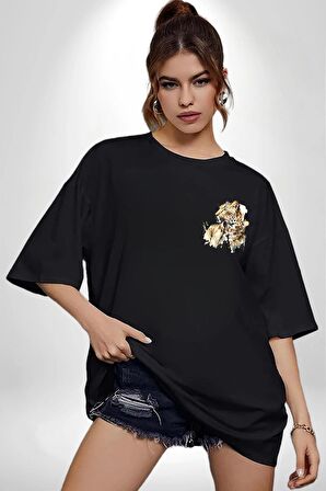 Cool Yakışıklı Kapüşonlu Spor Kaplan Siyah Oversize Kadın Erkek Ön ve Sırt Baskılı Tişört