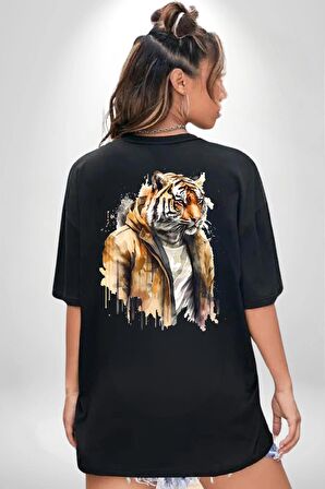 Cool Yakışıklı Kapüşonlu Spor Kaplan Siyah Oversize Kadın Erkek Ön ve Sırt Baskılı Tişört