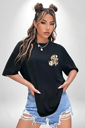 Cool Yakışıklı Kapüşonlu Spor Kaplan Siyah Oversize Kadın Erkek Ön ve Sırt Baskılı Tişört