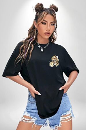 Cool Yakışıklı Kapüşonlu Spor Kaplan Siyah Oversize Kadın Erkek Ön ve Sırt Baskılı Tişört