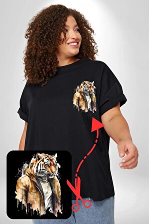 Cool Yakışıklı Kapüşonlu Spor Kaplan Siyah Büyük Beden Kadın Basic Minimal Baskılı Tişört
