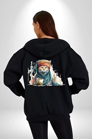Türk Kahvesi Kedi  Kadın Erkek Siyah Renk Kapüşonlu Kanguru Cepli  Fermuarlı Pamuklu Oversize Dijital Baskılı Hırka Sweatshirt