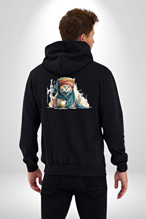 Türk Kahvesi Kedi  Kadın Erkek Siyah Renk Kapüşonlu Kanguru Cepli  Fermuarlı Pamuklu Oversize Dijital Baskılı Hırka Sweatshirt