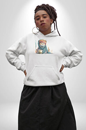 Türk Kahvesi Kedi  Kadın Erkek  Beyaz Kapüşonlu Sweatshirt Hoodie
