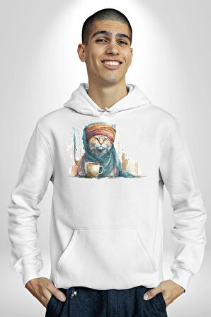 Türk Kahvesi Kedi  Kadın Erkek  Beyaz Kapüşonlu Sweatshirt Hoodie