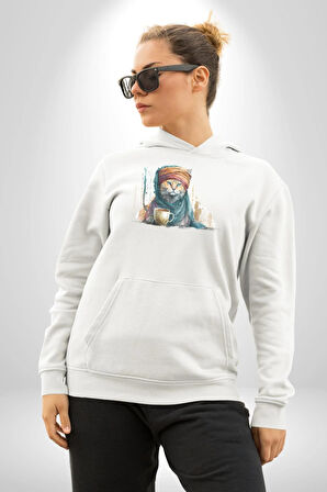 Türk Kahvesi Kedi  Kadın Erkek  Beyaz Kapüşonlu Sweatshirt Hoodie