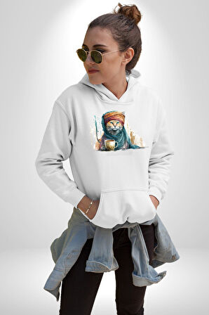 Türk Kahvesi Kedi  Kadın Erkek  Beyaz Kapüşonlu Sweatshirt Hoodie