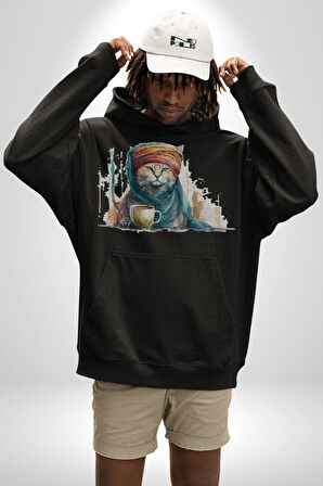Türk Kahvesi Kedi  Kadın Erkek  Siyah Kapüşonlu Sweatshirt Hoodie