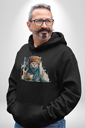 Türk Kahvesi Kedi  Kadın Erkek  Siyah Kapüşonlu Sweatshirt Hoodie