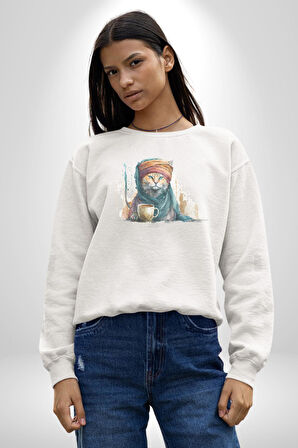 Türk Kahvesi Kedi  Kadın Erkek  Beyaz Baskılı Sweatshirt 