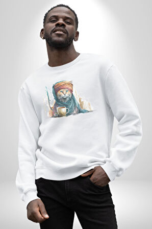 Türk Kahvesi Kedi  Kadın Erkek  Beyaz Baskılı Sweatshirt 