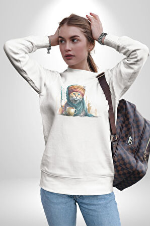 Türk Kahvesi Kedi  Kadın Erkek  Beyaz Baskılı Sweatshirt 