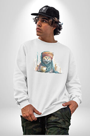 Türk Kahvesi Kedi  Kadın Erkek  Beyaz Baskılı Sweatshirt 