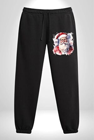 Mutlu Noel Baba Yeni Yıl Tasarımı Pamuklu 3 İplik Siyah Eşofman Altı Erkek Oversize Kesim Dijital Baskılı