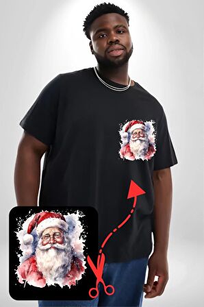 Mutlu Noel Baba Yeni Yıl Tasarımı Siyah Büyük Beden Kadın Basic Minimal Baskılı Tişört