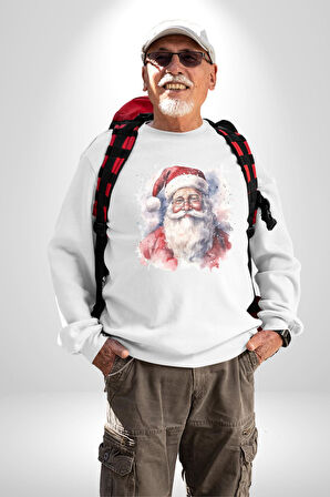Mutlu Noel Baba Yeni Yıl Tasarımı Kadın Erkek  Beyaz Baskılı Sweatshirt 