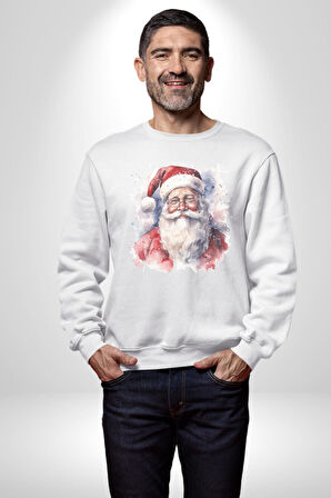 Mutlu Noel Baba Yeni Yıl Tasarımı Kadın Erkek  Beyaz Baskılı Sweatshirt 