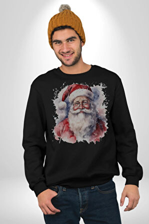 Mutlu Noel Baba Yeni Yıl Tasarımı Kadın Erkek  Siyah Baskılı Sweatshirt 